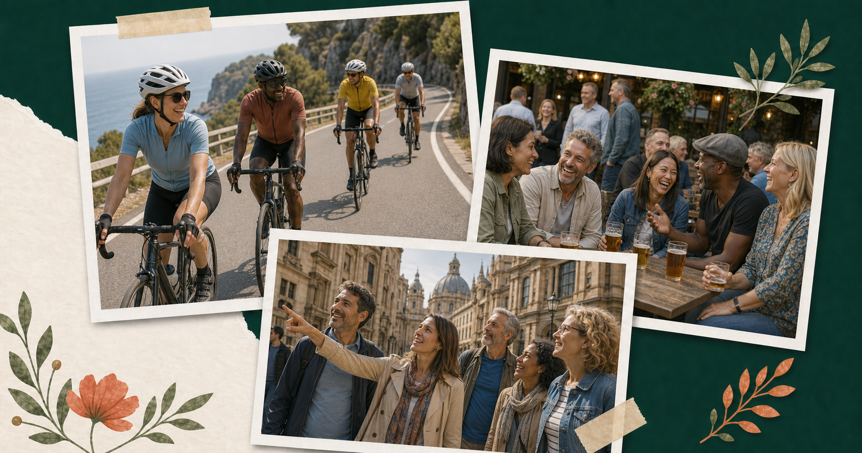 Friends road cycling, relaxing in a beer garden and enjoying a city break